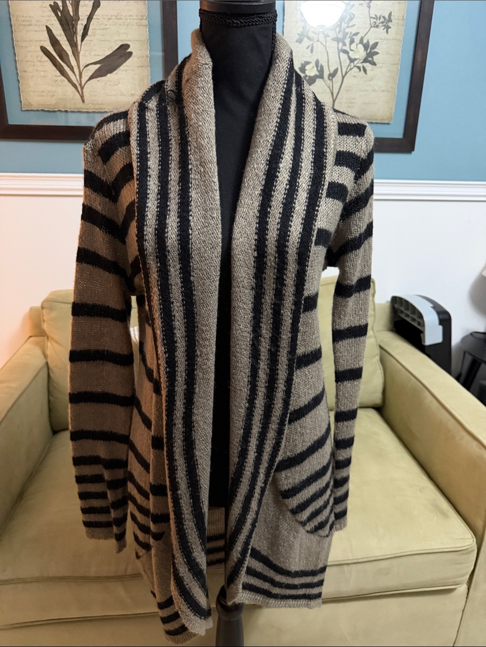 MTLA Striped Taupe and Black Open-Front Shawl Collar Cardigan